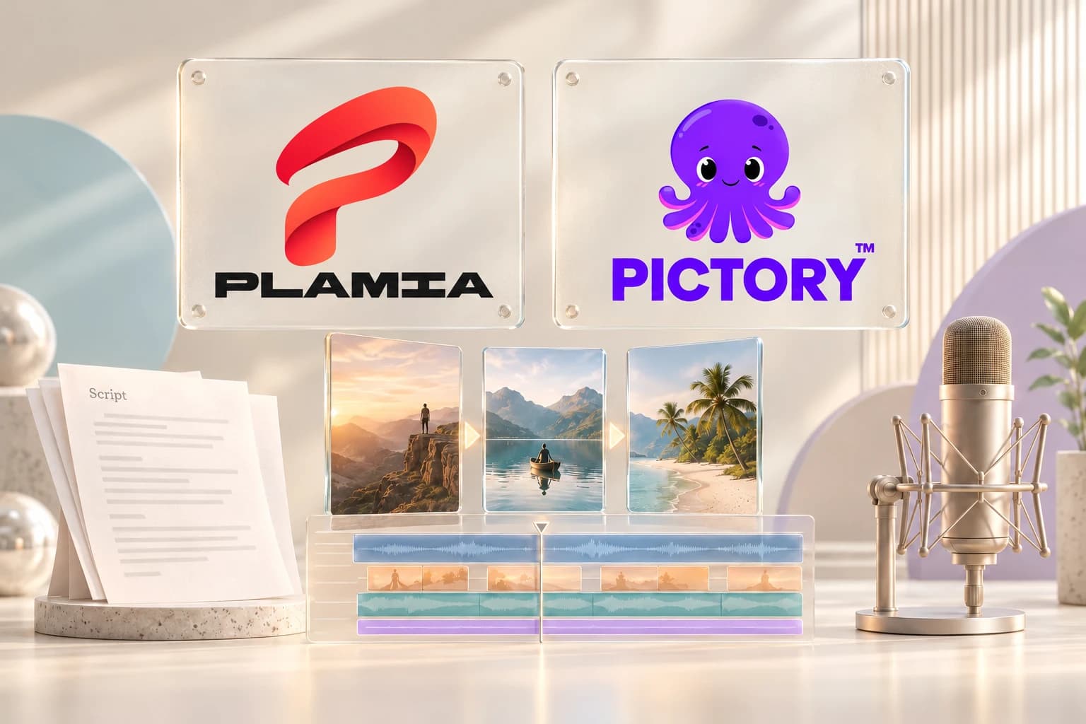 Plamia and Pictory logos above glass video scenes and an editing timeline in a warm studio.