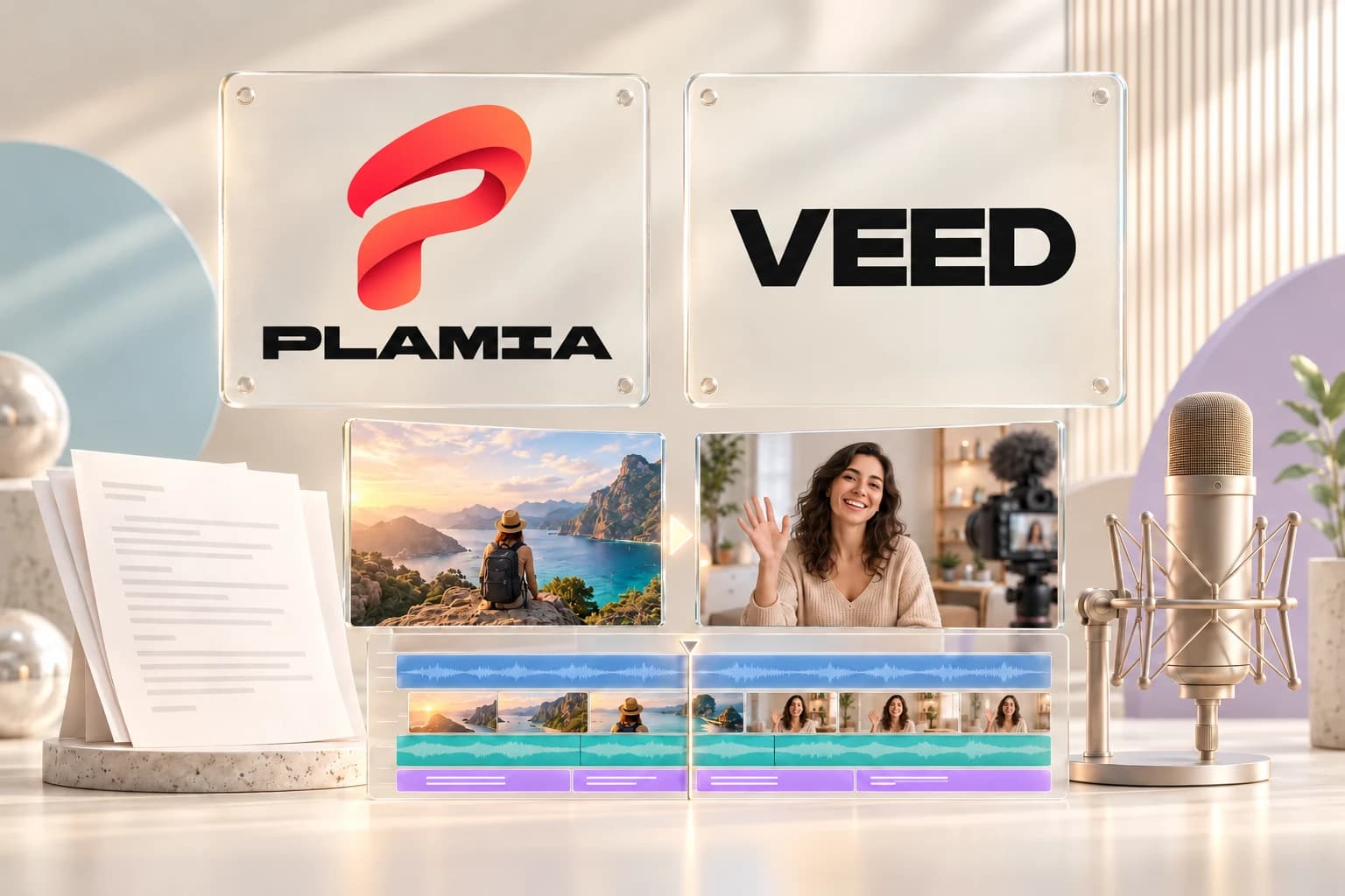 Plamia and VEED on glass panels above illustrated and recorded video frames with pastel editing tracks.