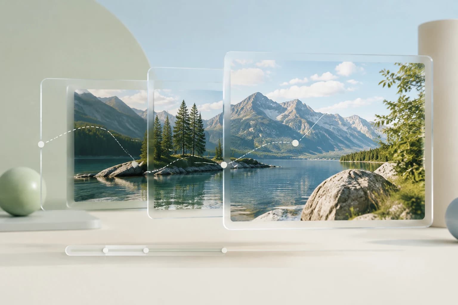 A landscape photograph repeated across glass frames with a controlled motion path.