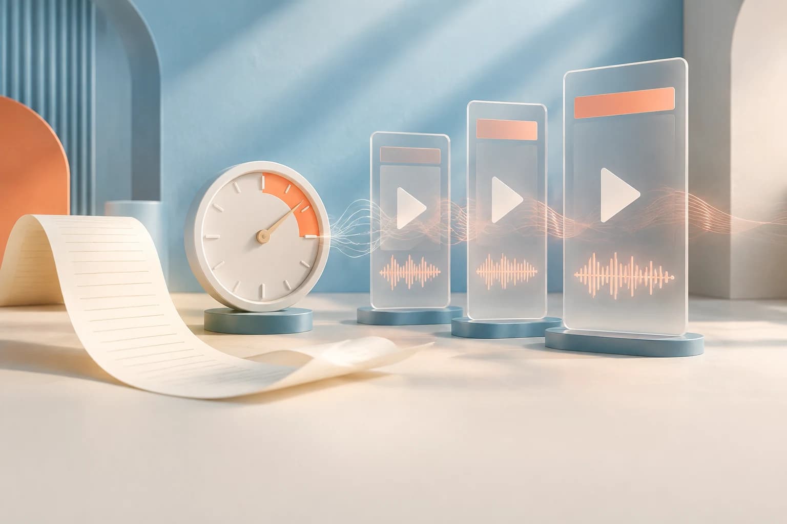 A paper script, timing dial, and three glass video frames connected by an audio waveform.