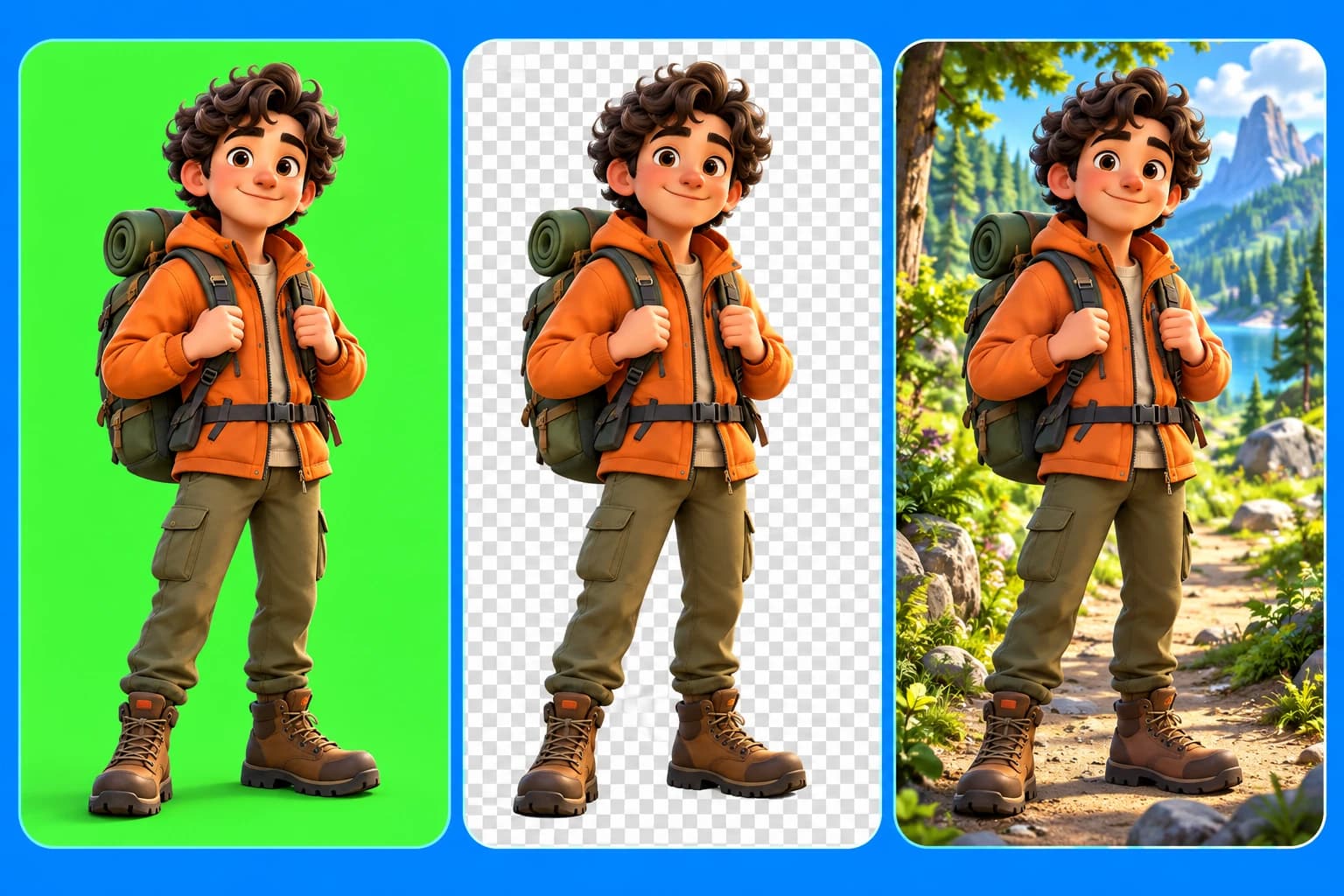 A 3D illustrated explorer moving from a green screen through a transparent layer into a forest scene