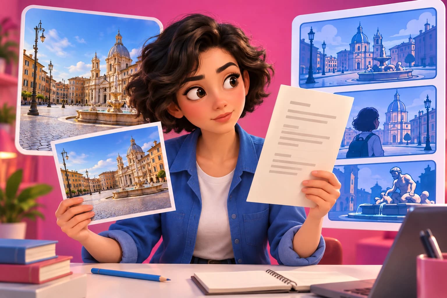An illustrated researcher comparing documents and photographs for a news story