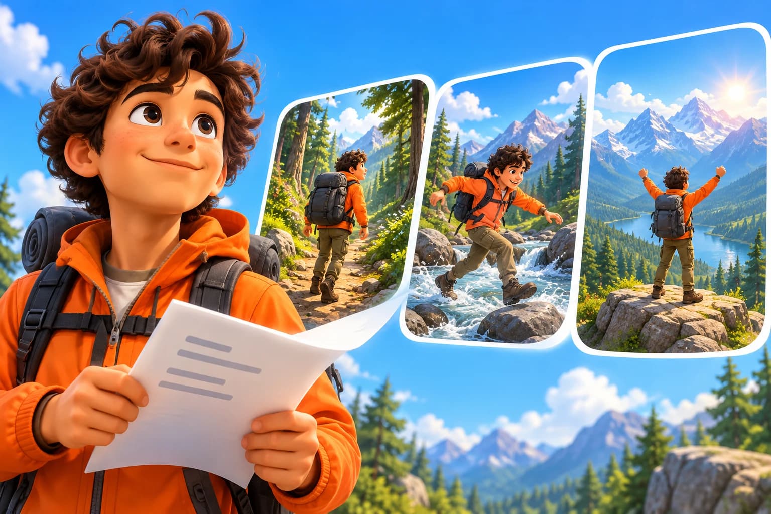 A cartoon adventurer beside a script and a sequence of illustrated scenes on a bright blue background