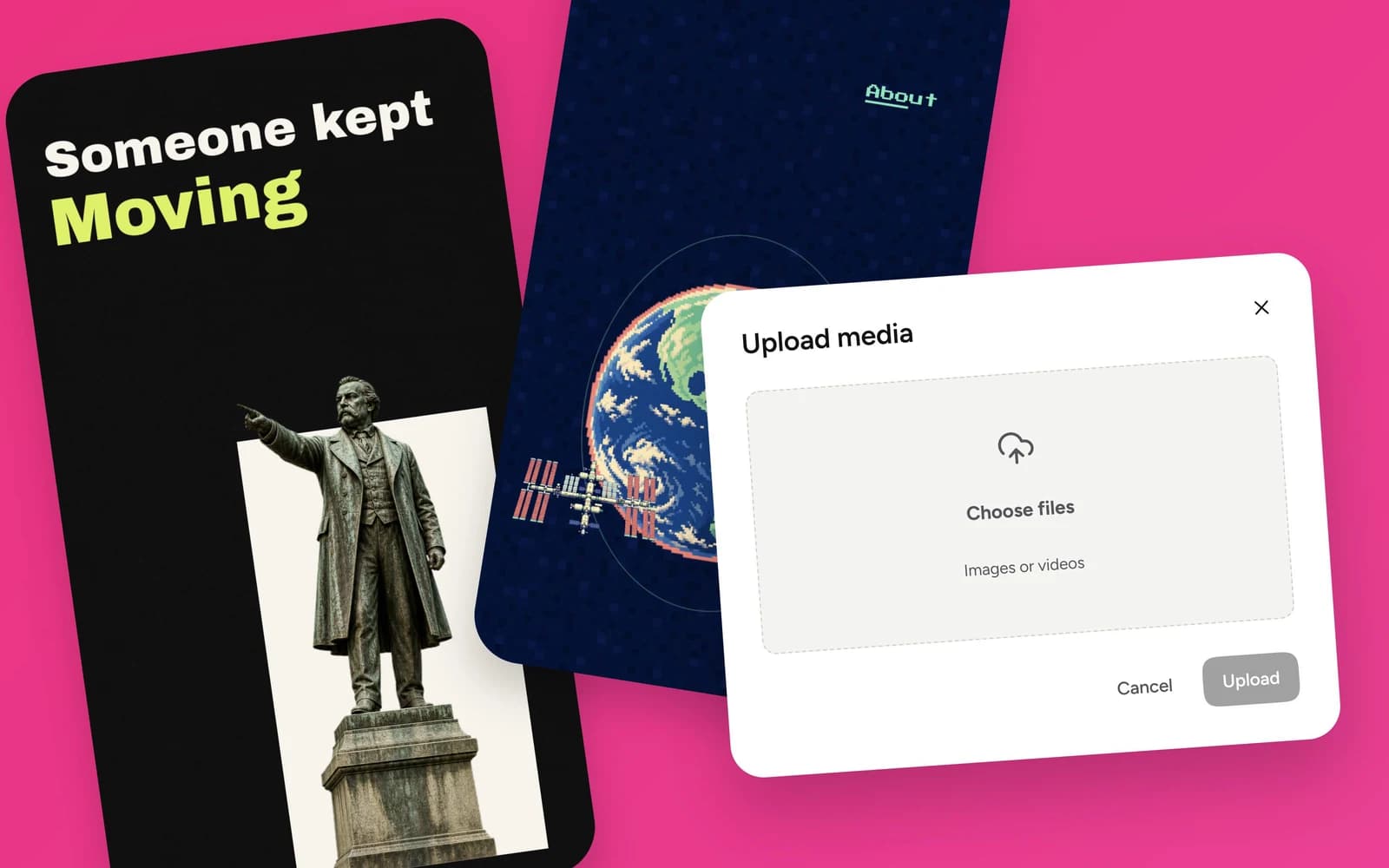 Plamia Upload media panel beside animated statue and space video scenes