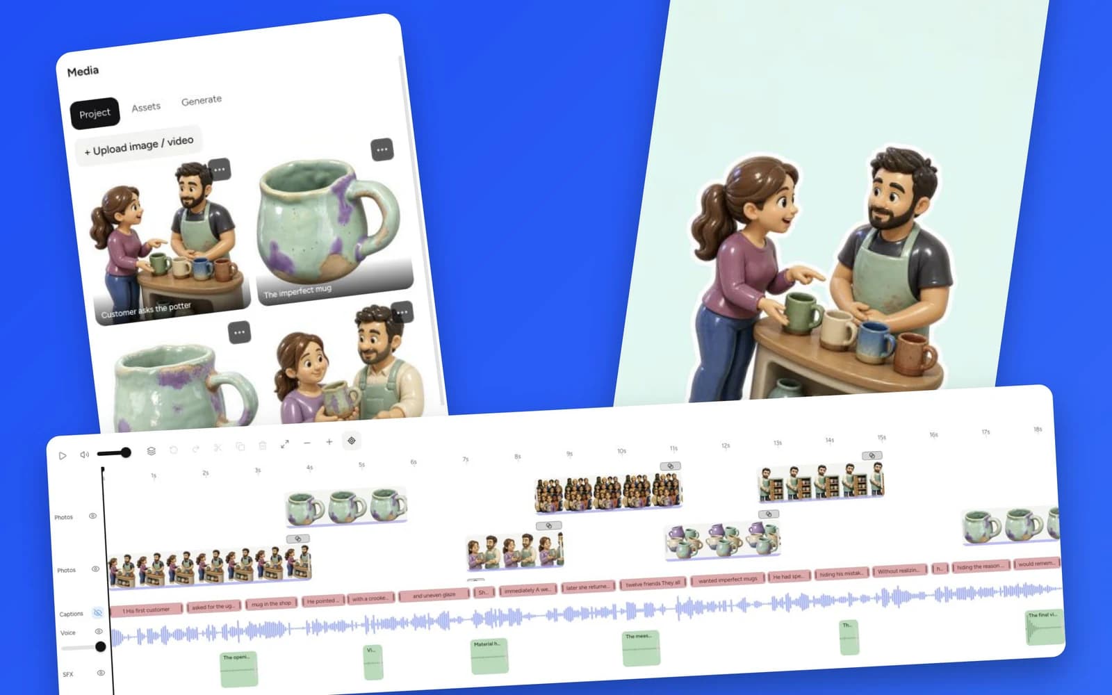 Light-theme Plamia editor with project media, a video preview, and separate photo, caption, voice, and sound effect tracks