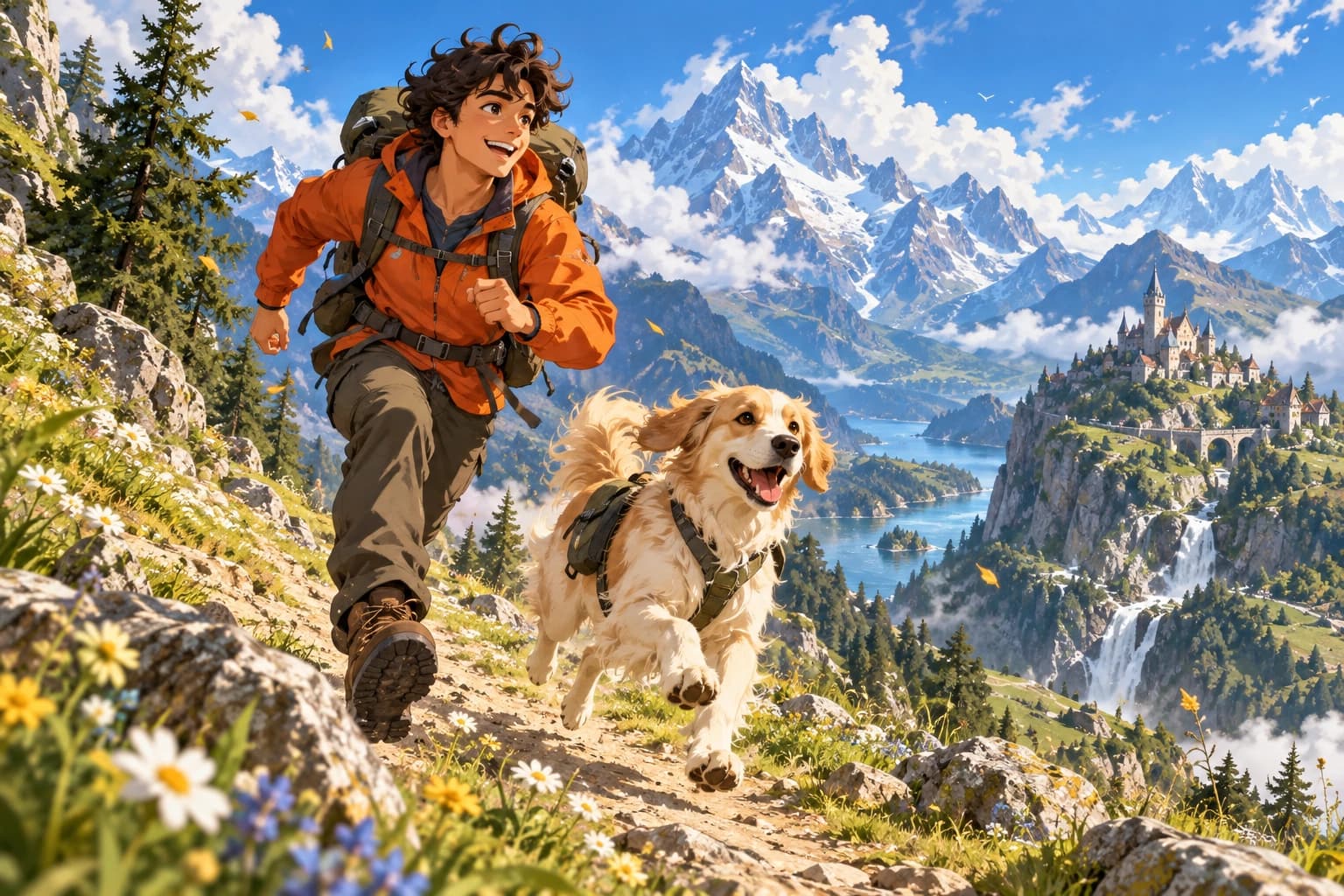 An anime-style adventurer and a dog moving through a bright mountain landscape
