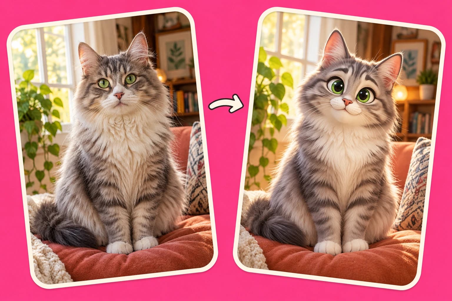 A cat photograph beside a cartoon interpretation on a vivid pink background