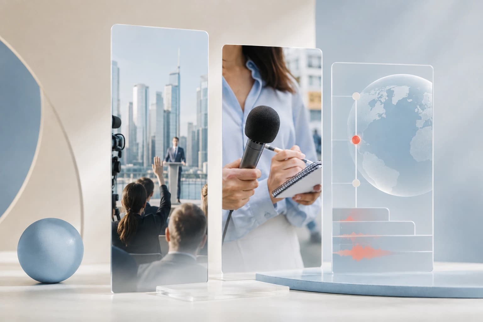 Editorial concept of a press briefing, field reporting, and global news arranged as vertical scenes