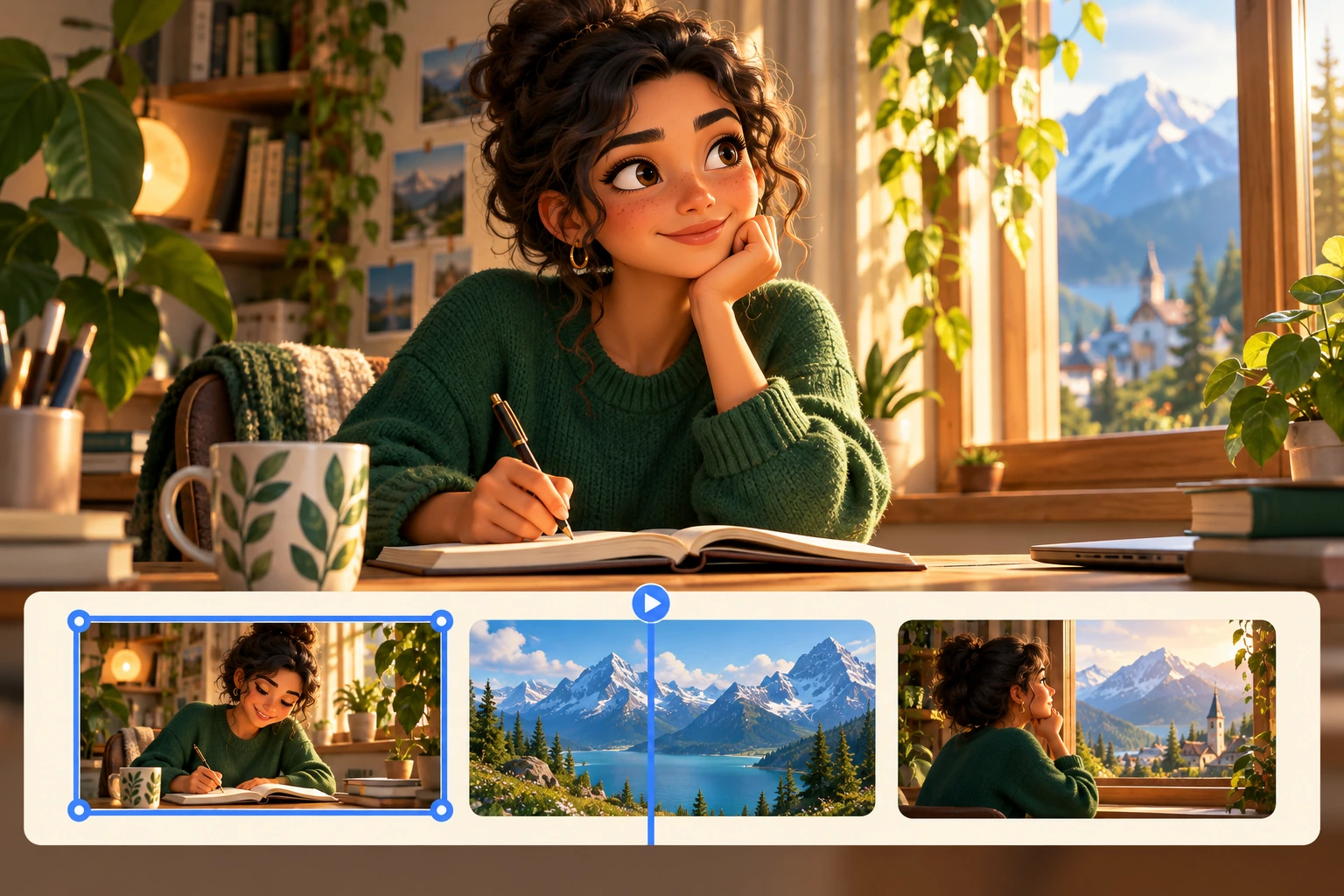 An illustrated writer above a storyboard showing rearrangeable scenes