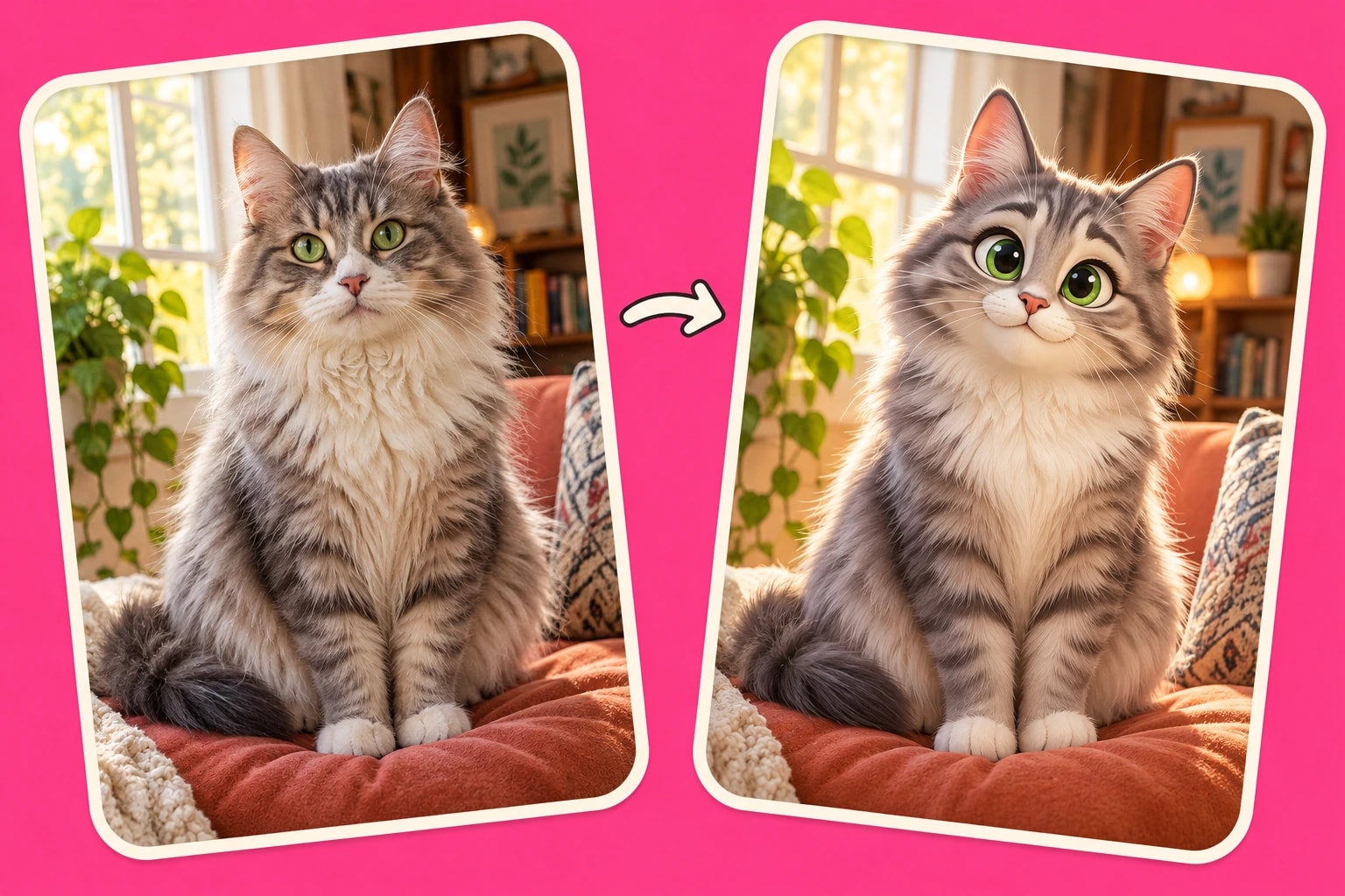 A cat photo beside its cartoon interpretation on a bright pink background