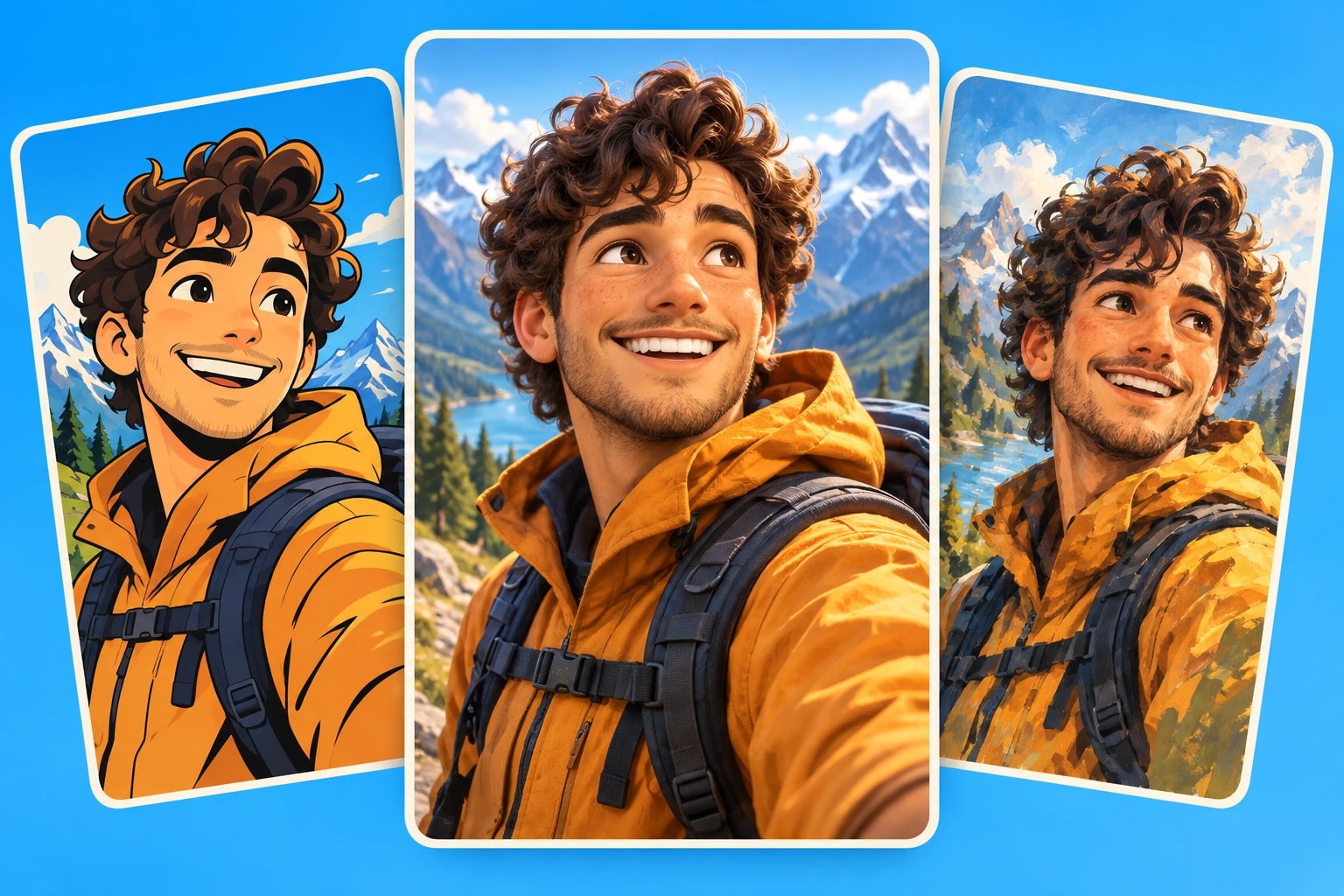 An orange-jacketed adventurer illustrated in bold cartoon, 3D, and painterly styles
