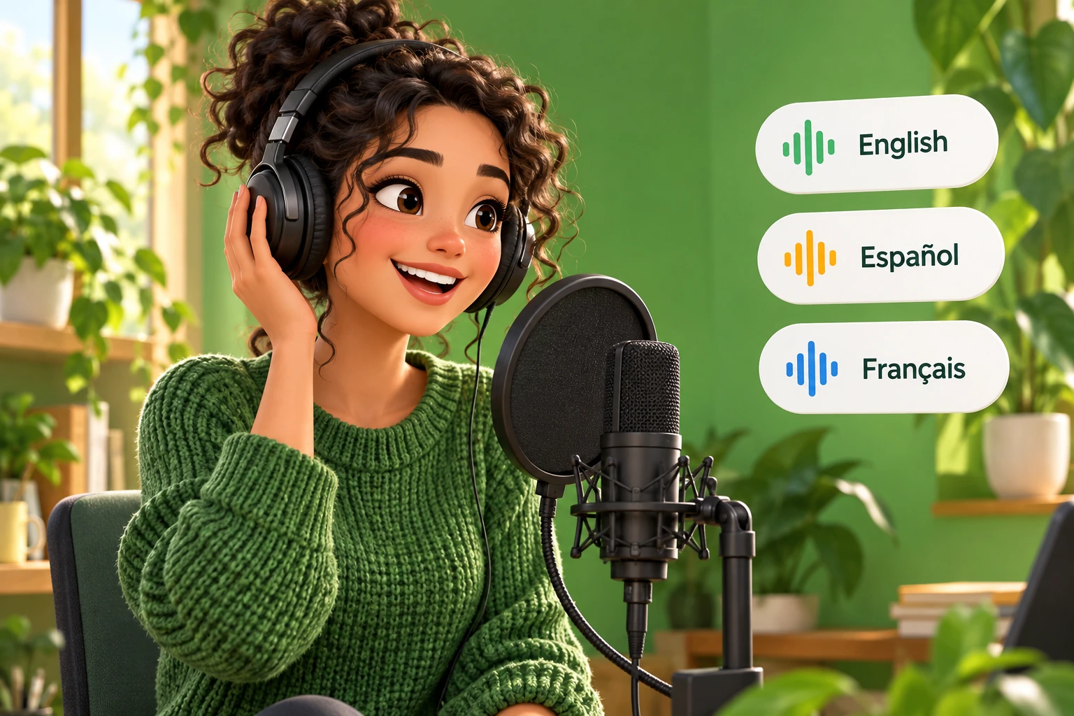 An illustrated storyteller at a microphone with English, Spanish, and French voice labels