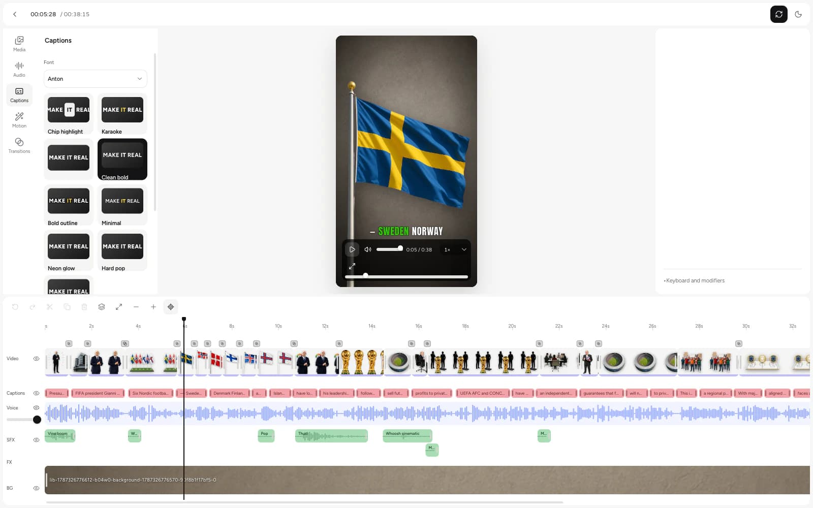 The Plamia Captions panel in light mode beside a news-video preview and synchronized timeline.