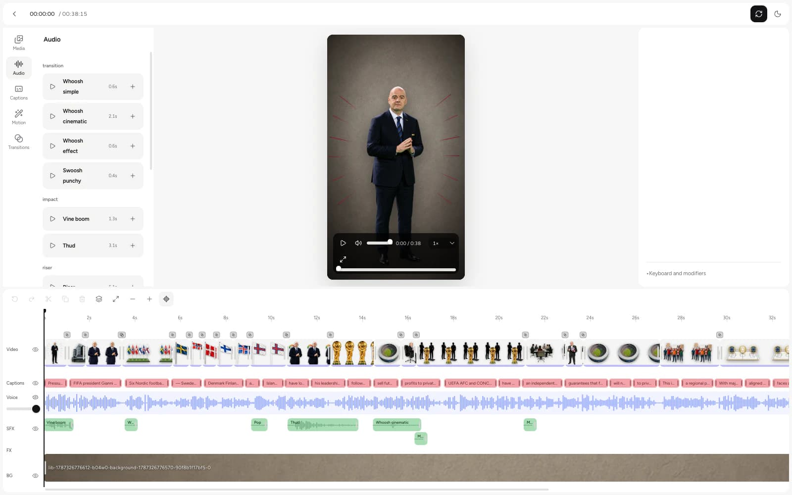 A Plamia project in light mode with the Audio panel, voice waveform, captions, visuals, sound effects, and background tracks visible.