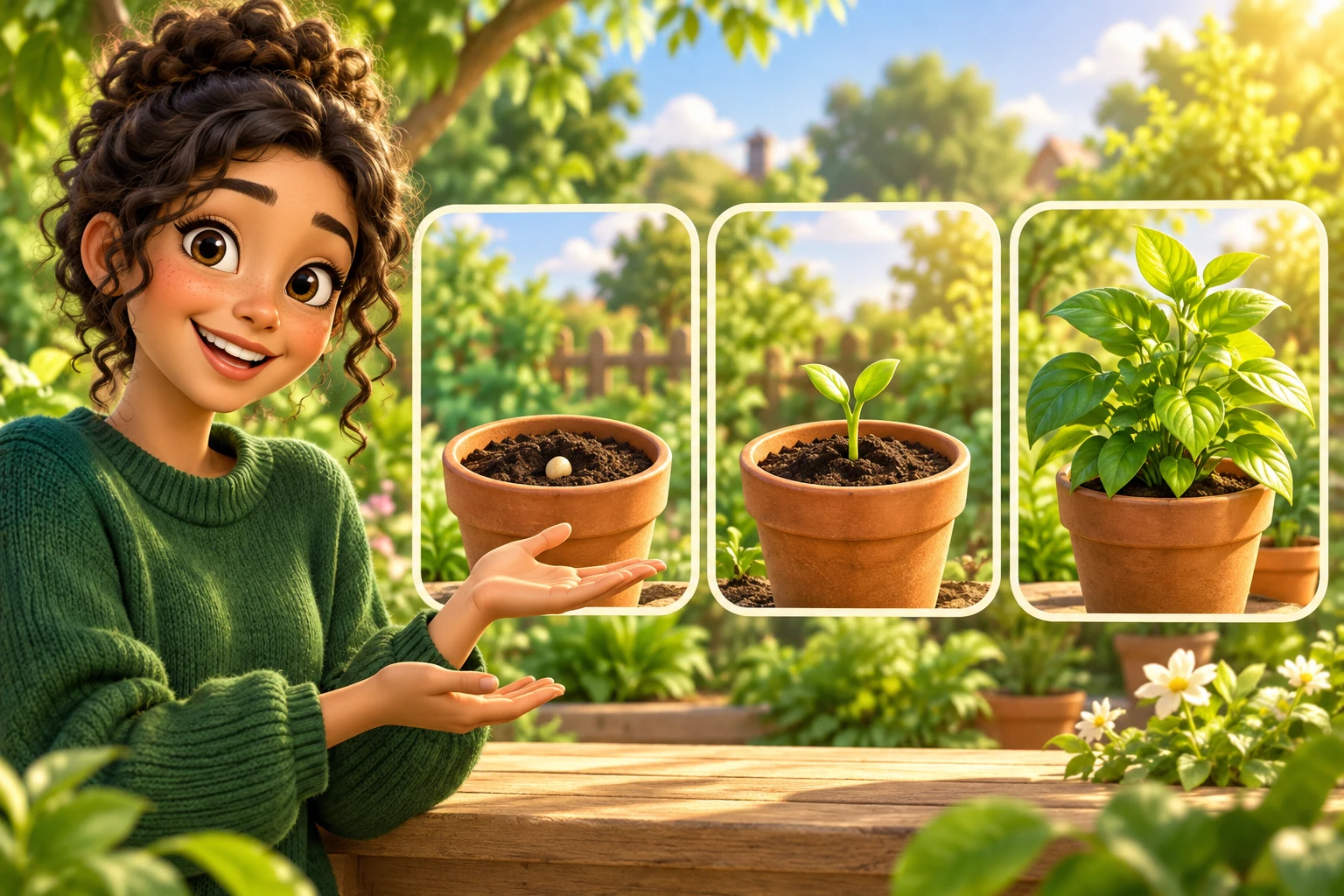A 3D illustrated woman explaining how a seed grows into a plant across three storyboard frames
