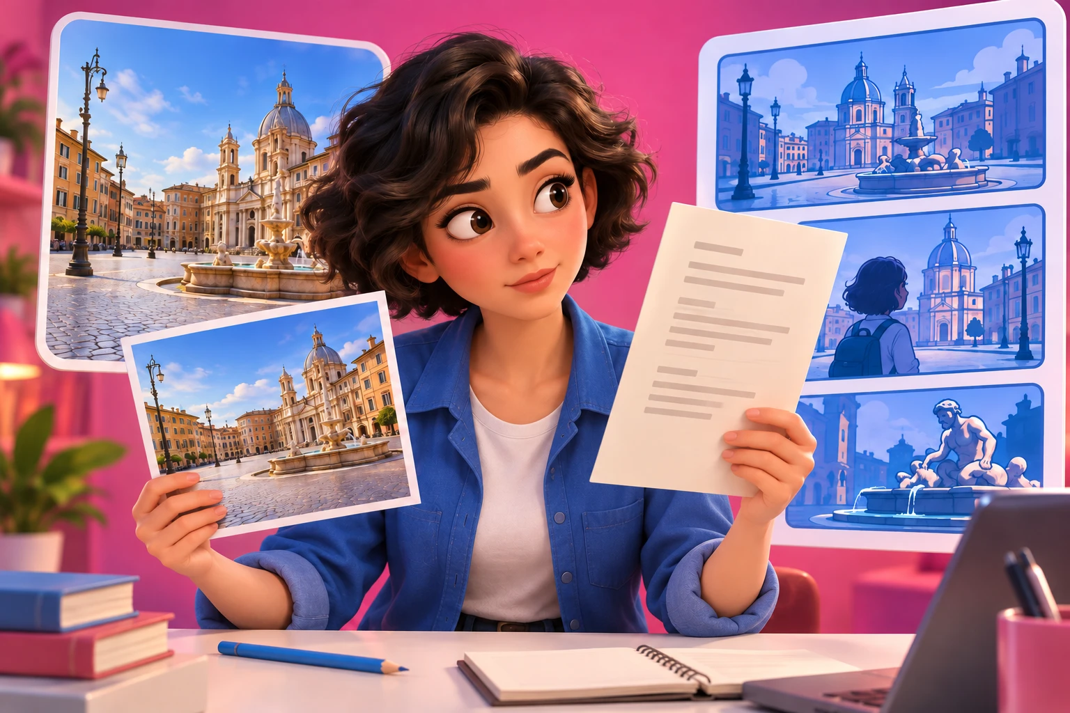 An illustrated researcher comparing documents and photographs for a news story