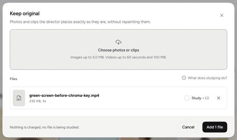 Keep original dialog for adding unchanged source footage, with optional Study analysis