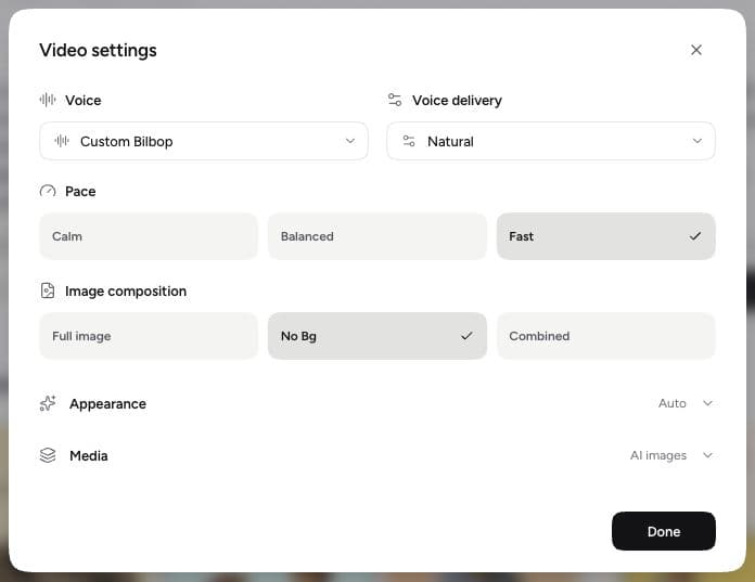 Current Video settings dialog with Voice, Voice delivery, Pace, Image composition, Appearance, and Media