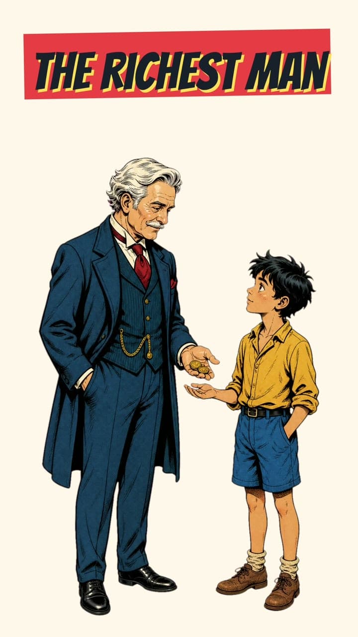 Comic-style animated story example showing a wealthy man offering coins to a boy