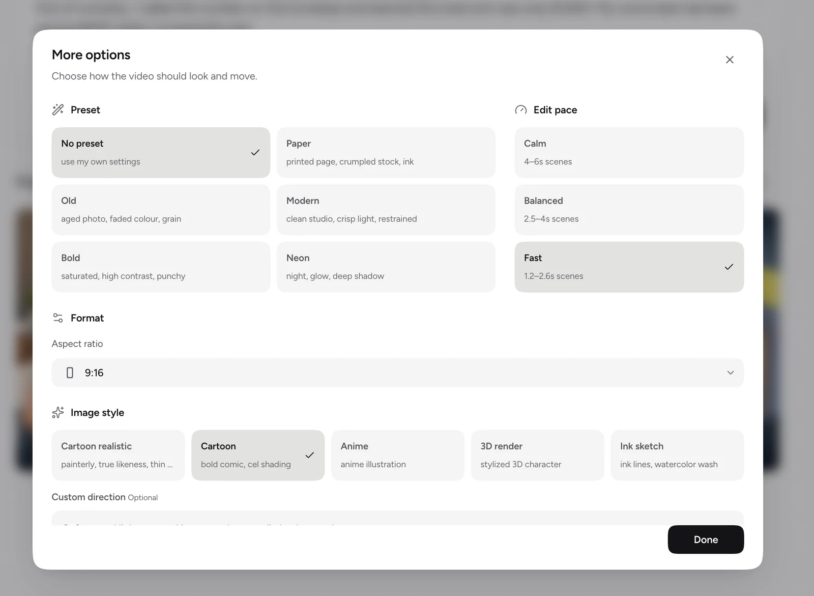 Plamia settings showing no preset, Fast pace, 9:16 format, and Cartoon image style